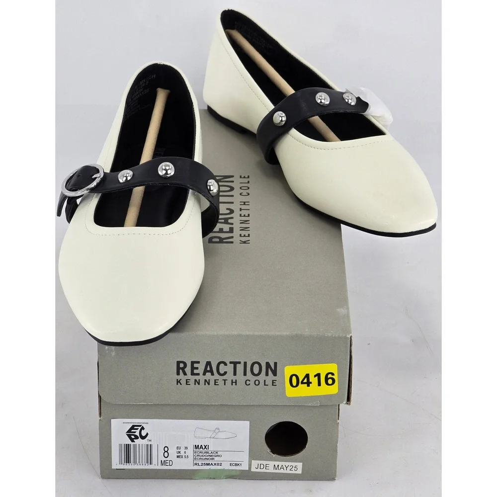 Kenneth Cole Reaction Maxi Flats Womens 8 Ecru Black Studded Mary Jane - New
